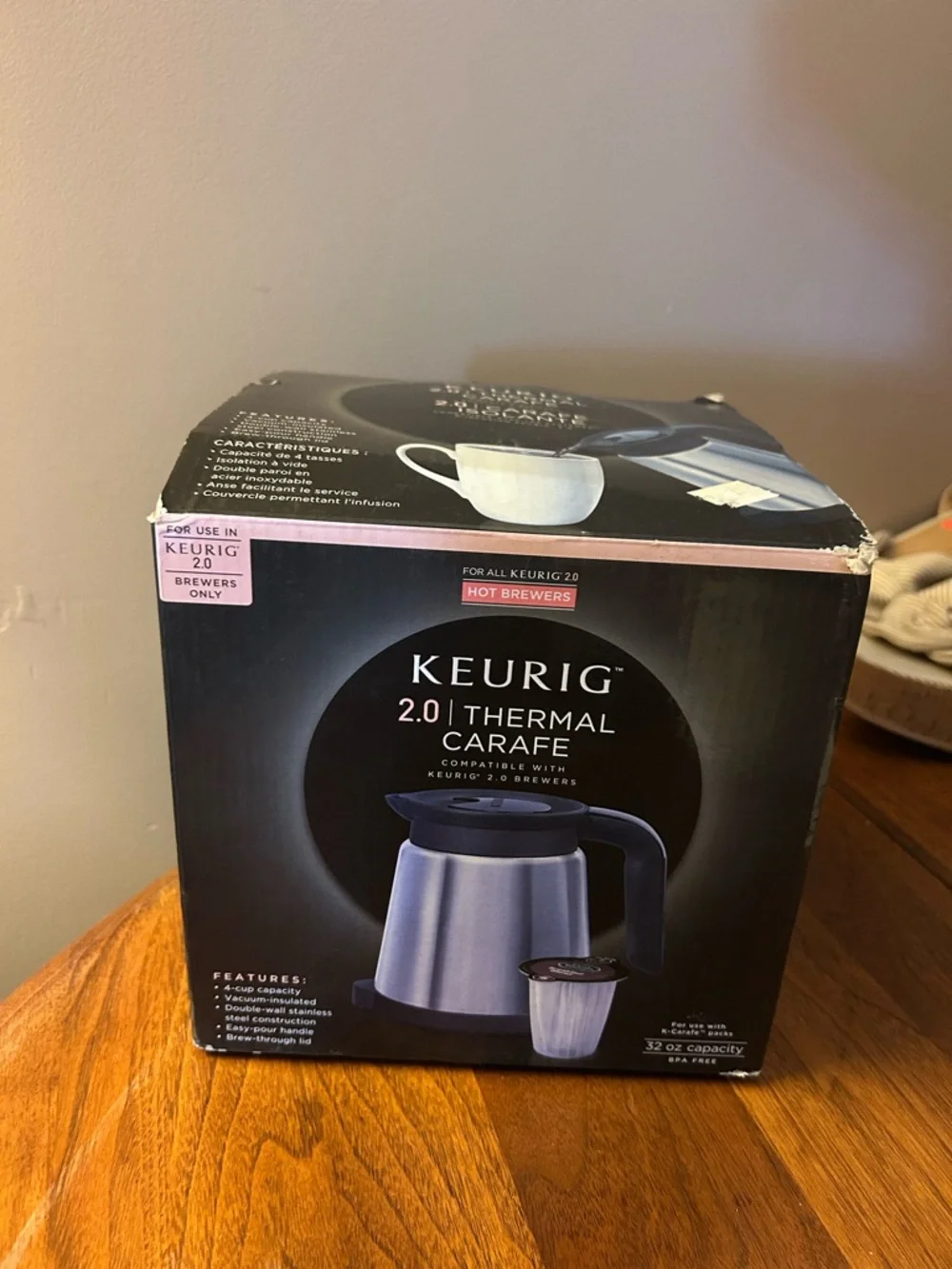 The Keurig 2.0 Thermal Carafe is a 32-ounce, double-walled stainless steel caraf